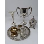 A miscellaneous collection of silver plated items to include The Bower Cup, spill vase, tray and