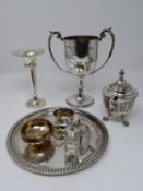 A miscellaneous collection of silver plated items to include The Bower Cup, spill vase, tray and