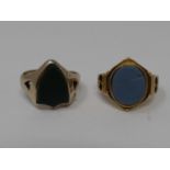 Two stone set signet rings. One yellow metal with an oval agate cartouche, engraved and pierced