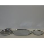 A retro style Nambe aluminium ware dish marked 525 and a similar tray and quaich. 48x28cm