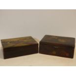 Two Japanese Meiji period lacquered jewellery boxes with gilded decoration, village landscape with a