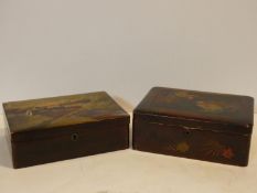 Two Japanese Meiji period lacquered jewellery boxes with gilded decoration, village landscape with a