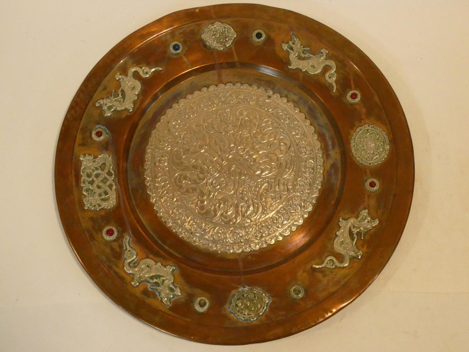 An Eastern pierced bronze charger and a Chinese copper charger with white metal dragons chasing - Image 6 of 13