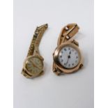 Two vintage ladies watches. One rose gold 9ct ladies watch with white enamel dial and black numbers,