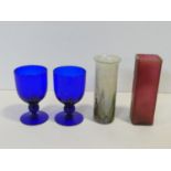 A pair of hand blown Bristol blue glass goblets, a lustre Isle of Wight Art Glass vase and Daum