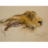 A framed and glazed watercolour portrait of a hare by watercolour portraitist and wire work sculptor