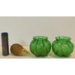 A pair of Art Glass lustre foliate design bulbous vases, a cylindrical vase with Liberty style