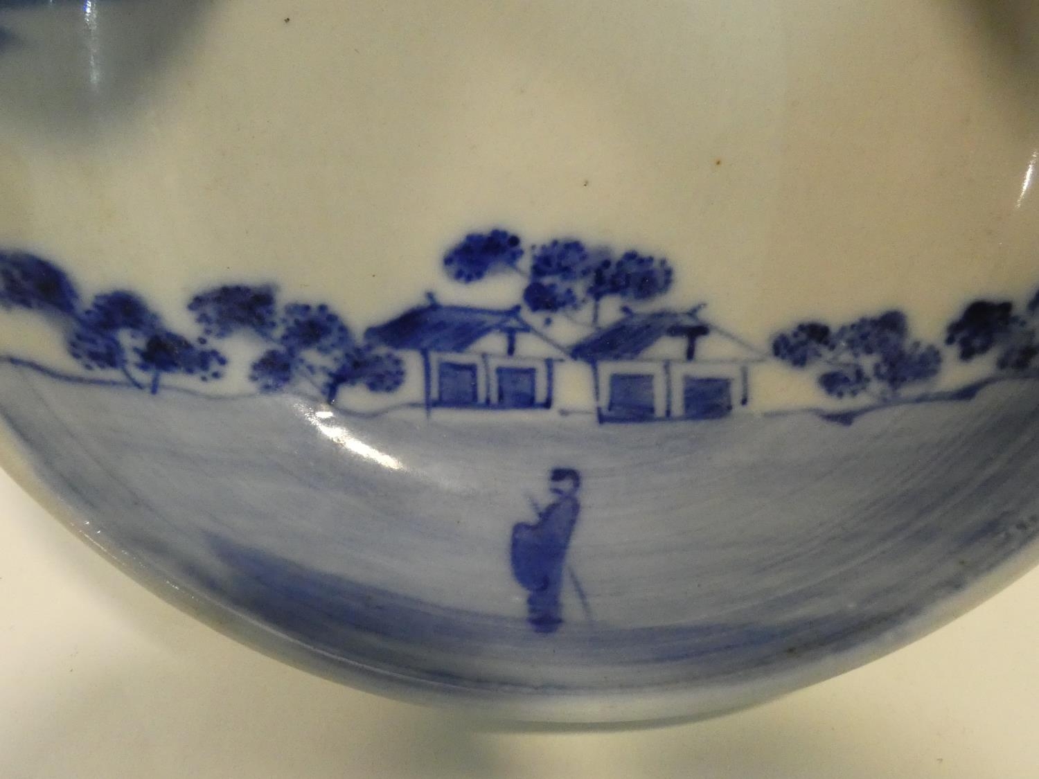 A Meji period blue and white ceramic Japanese bowl with hand painted village scene with mountains in - Image 8 of 8