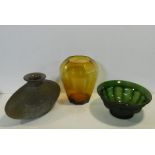 Art glass: A bulbous vase, an amber baluster shaped vase and a ribbed green glass bowl. H.29cm