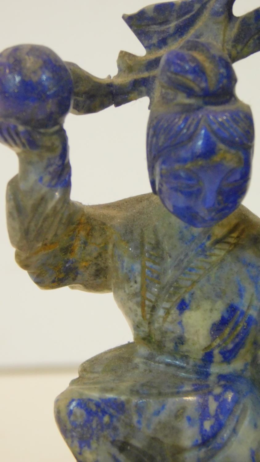 A Chinese lapis lazuli carved figure group, two figures performing a ceremonial dance on oval oak - Image 5 of 7