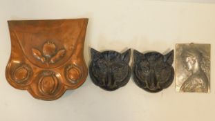 A collection of antique metalwork items. Including an Arts and crafts copper crumb pan with floral