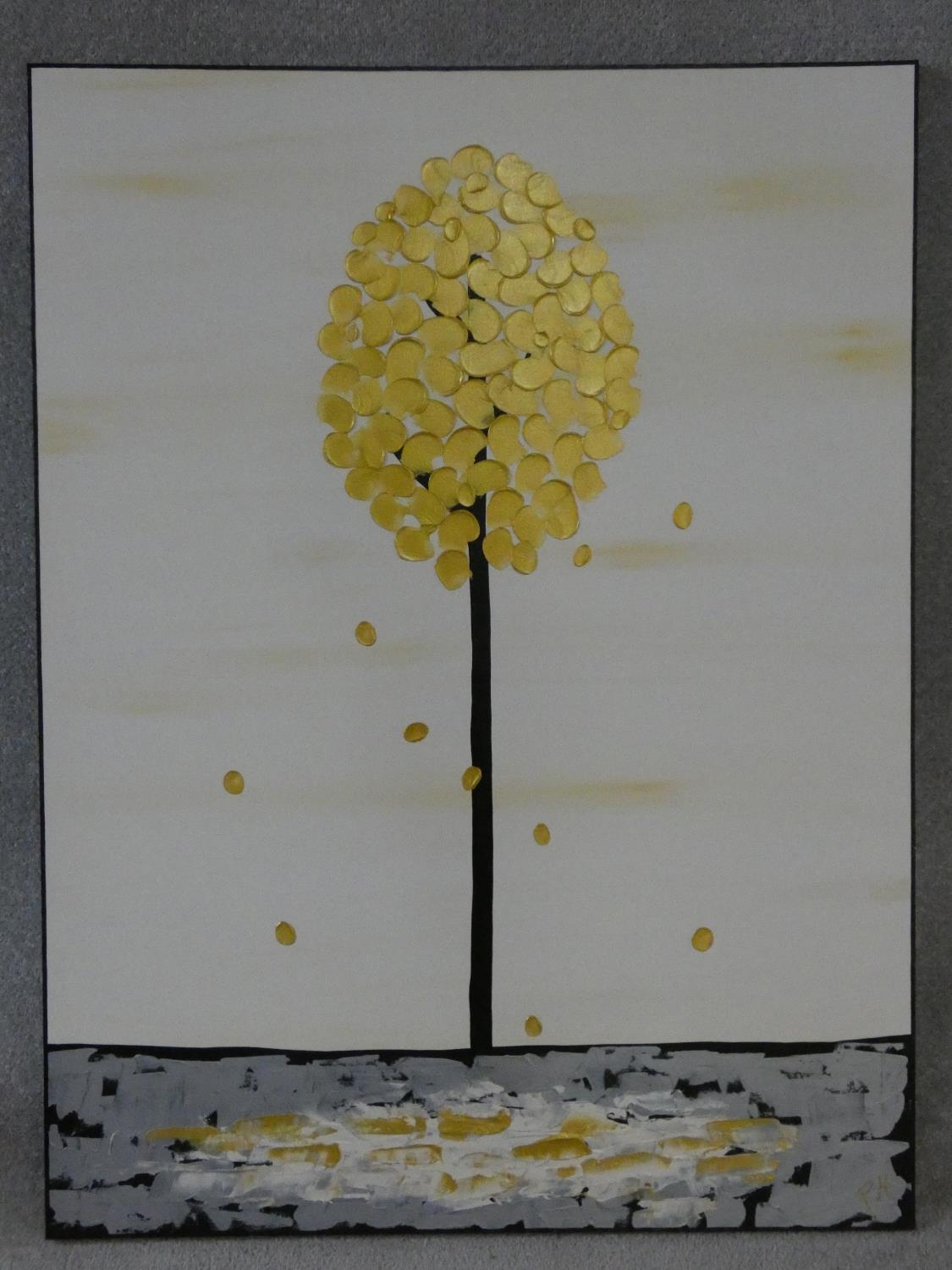 A large contemporary unframed oil on canvas, tree shedding leaves, monogrammed PM. H.120xW.90cm - Image 2 of 4