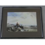 A framed and glazed watercolour in the 19th century style, fisher folk by the shore with their