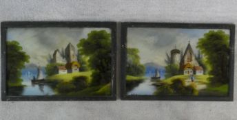 A pair of late 19th century reverse paintings on glass in ebonised frames, figures and boats in