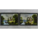 A pair of late 19th century reverse paintings on glass in ebonised frames, figures and boats in