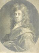 A 19th century framed and glazed print, 17th century head and shoulders figure, inscription to the