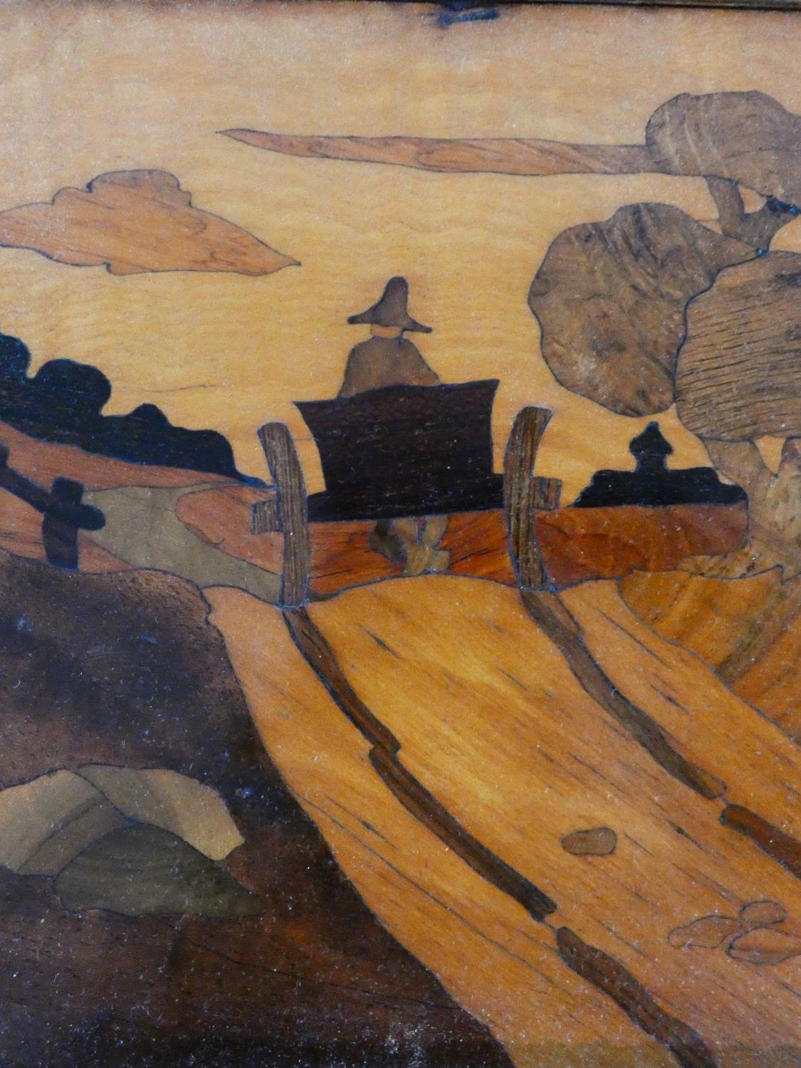 A pair of oak framed late 19th century parquetry panels, rural Dutch scenes in a variety of specimen - Image 3 of 9