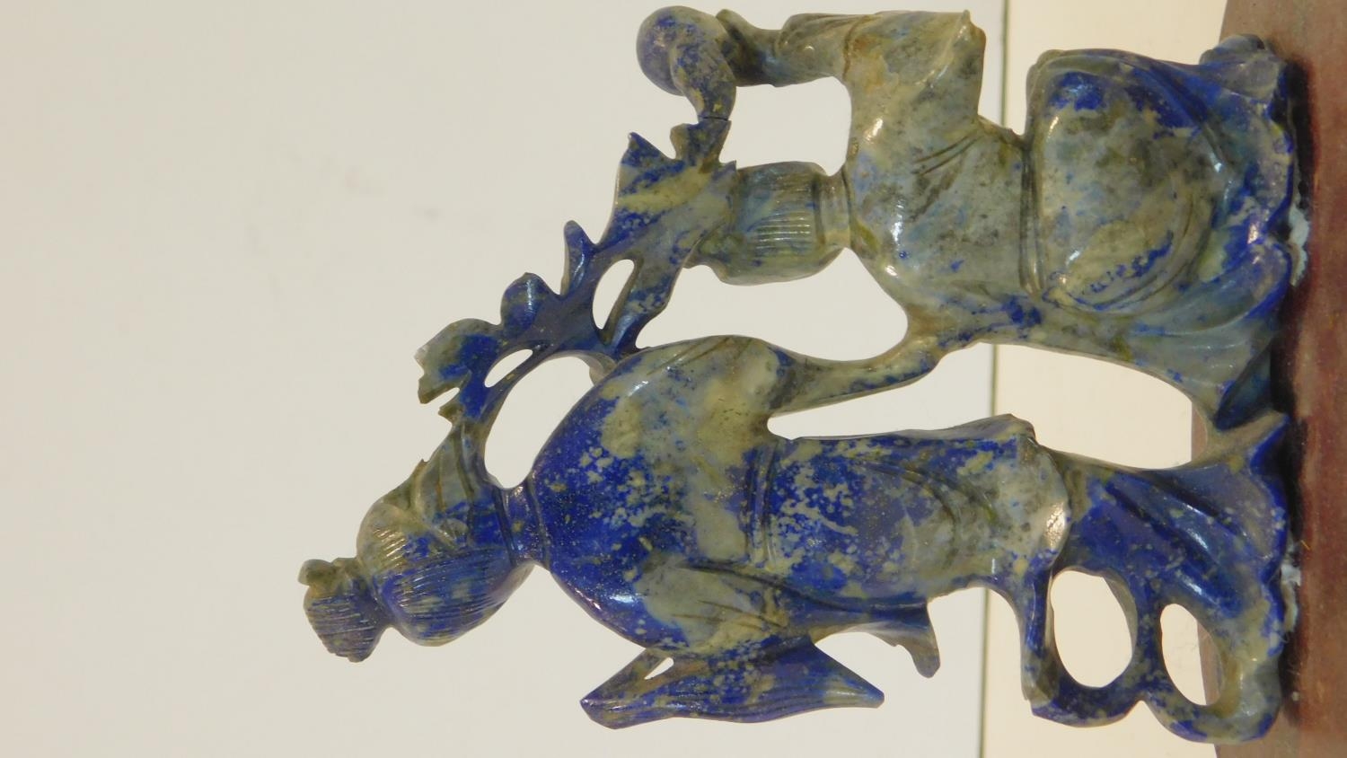 A Chinese lapis lazuli carved figure group, two figures performing a ceremonial dance on oval oak - Image 7 of 7