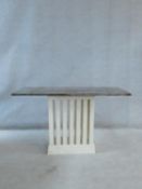 A grey veined marble topped console table on painted slatted pedestal base. H.64 W.108 D.46cm