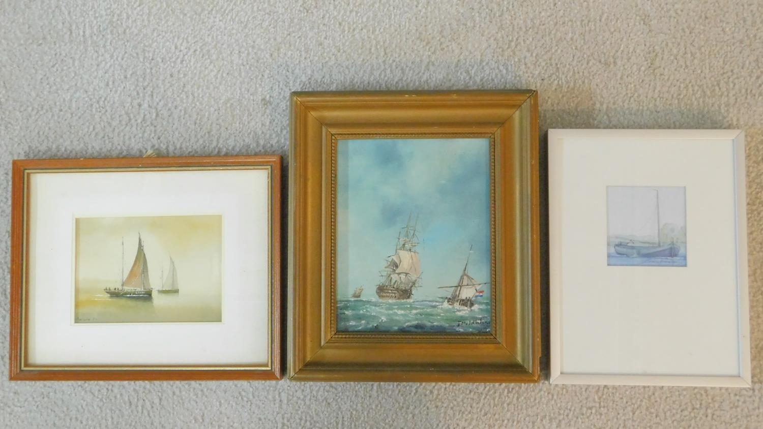 A gilt framed oil on board, fighting galleons and two framed and glazed watercolours, sailing ships.