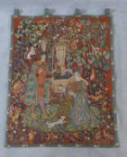 A French medieval style wall hanging tapestry, Le Roman de la Rose, for the Franklin Mint, label