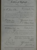 A framed and glazed 18th century hand drawn contract titled; Letters of Business. 37x25cm