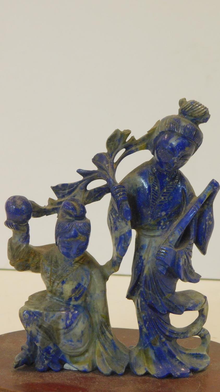 A Chinese lapis lazuli carved figure group, two figures performing a ceremonial dance on oval oak - Image 2 of 7