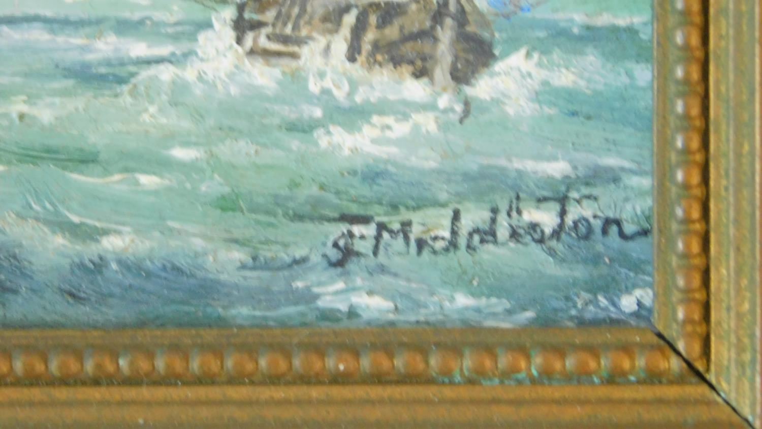 A gilt framed oil on board, fighting galleons and two framed and glazed watercolours, sailing ships. - Image 5 of 9