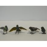 A collection of four Indian birds in various types of stone, abalone, coral and turquoise glass. H.