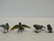 A collection of four Indian birds in various types of stone, abalone, coral and turquoise glass. H.