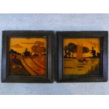 A pair of oak framed late 19th century parquetry panels, rural Dutch scenes in a variety of specimen