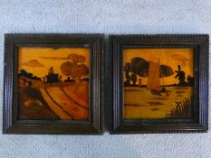 A pair of oak framed late 19th century parquetry panels, rural Dutch scenes in a variety of specimen