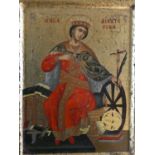 A certified copy of a Byzantine painted icon of Saint Catherine on panel with gilded detailing. H.