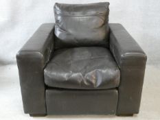 A vintage style brown leather down filled Collins & Hayes upholstered armchair. H.71 W.90 D.98cm