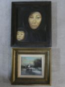 A framed oil on board, portrait and a gilt framed oil on canvas, Dutch winter lake scene. H.35xW.