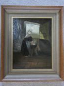 A 19th century framed oil on panel, figure in an interior scene, indistinctly signed. H.32xW.27cm