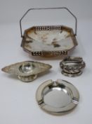 A collection of silver plate and white metal items. Including a Walker and Hall swing handled
