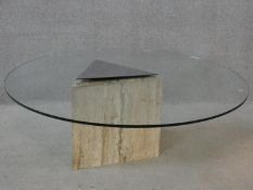 A contemporary plate glass topped occasional table raised on marble pedestal base. H.37xW.99xL.99cm