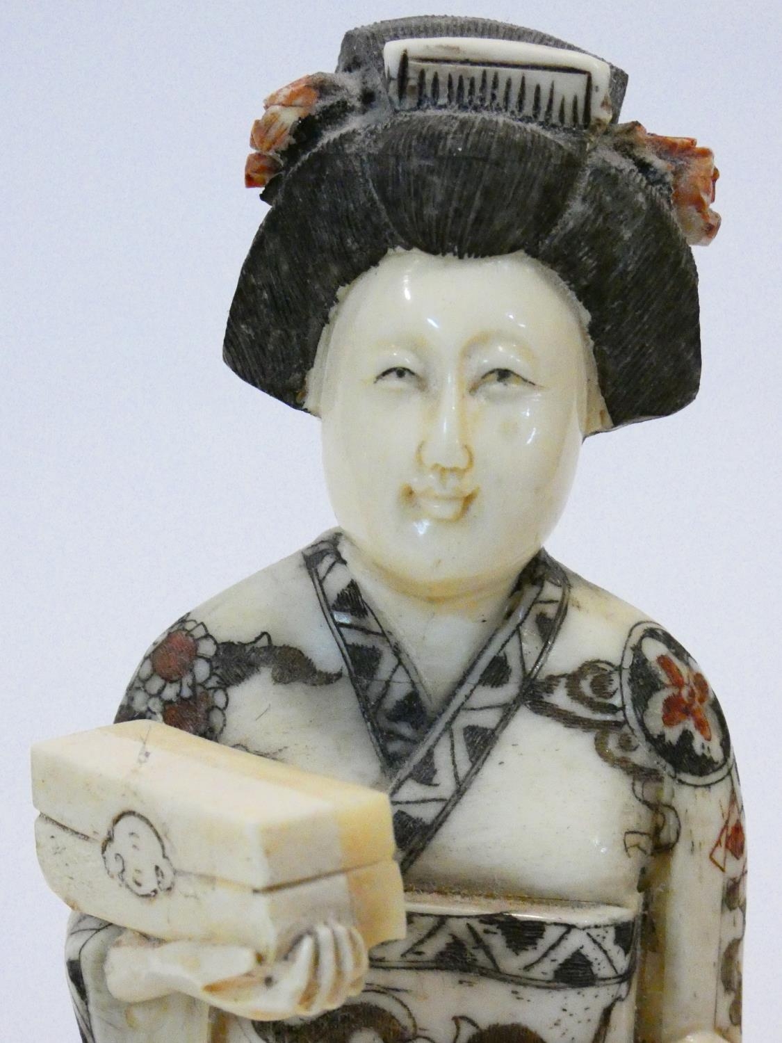 Two C.1900 Japanese carved bone geisha figures, engraved and painted, one carrying a lantern. H.20cm - Image 2 of 9