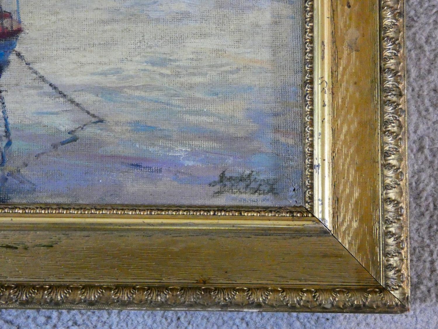 A gilt framed oil on card, A Chiswick Houseboat, indistinctly signed, label to the reverse. H.46xW. - Image 3 of 8