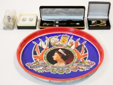 A collection of vintage jewellery and a royal memorial tray. Jewellery includes a pair of white