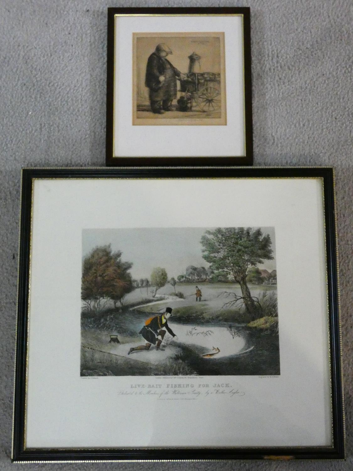 A framed antique hand coloured engraving 'Live Bait fishing for Jack' by James Pollard Published J M