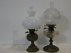 A 19th century oil lamp with etched shade and glass reservoir, Messenger No. 2 Duplex Patent and a