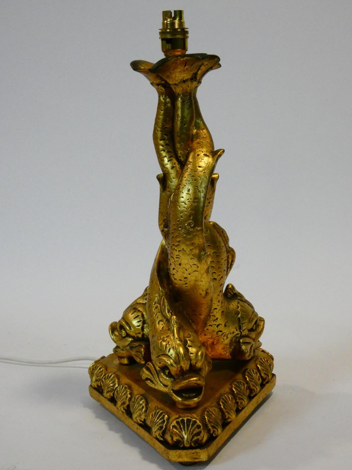 a gilt plaster lamp base in the form of three entwined Trafalgar dolphins. H.48cm - Image 2 of 6