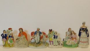 A miscellaneous collection of six 19th century Staffordshire flatback figure groups. H.26cm