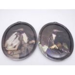 A pair of oval Ibride acrylic trays featuring hummingbirds in 19th century formal dress, one with