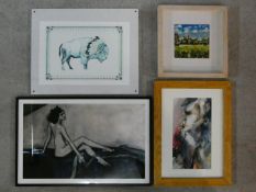 A framed oil on board, Impresionist style landscape and three framed and glazed prints. 41x62cm (