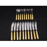 A set of ten 19th century silver plated fish knives and forks with pierced and engraved design and