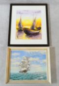 a framed oil on canvas, galleon at sea and another framed oil on canvas, sailing boats. 70x60cm