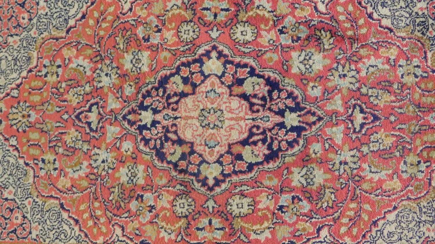 A Persian part silk runner with repeating triple medallions and scrolling floral decoration on a - Image 2 of 5